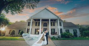 Bride and Groom in front of Treemont Mansion, one of the most Historic Mansions in Nashville, TN